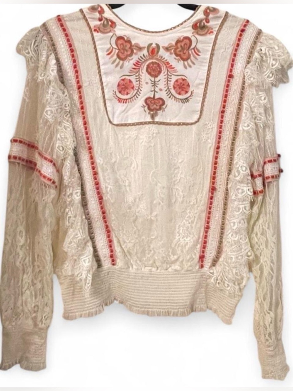 Anthropologie Bl^nk London Kiyana Lace Embroidered Blouse - Ivory Coral - Medium - Picture 3 of 8